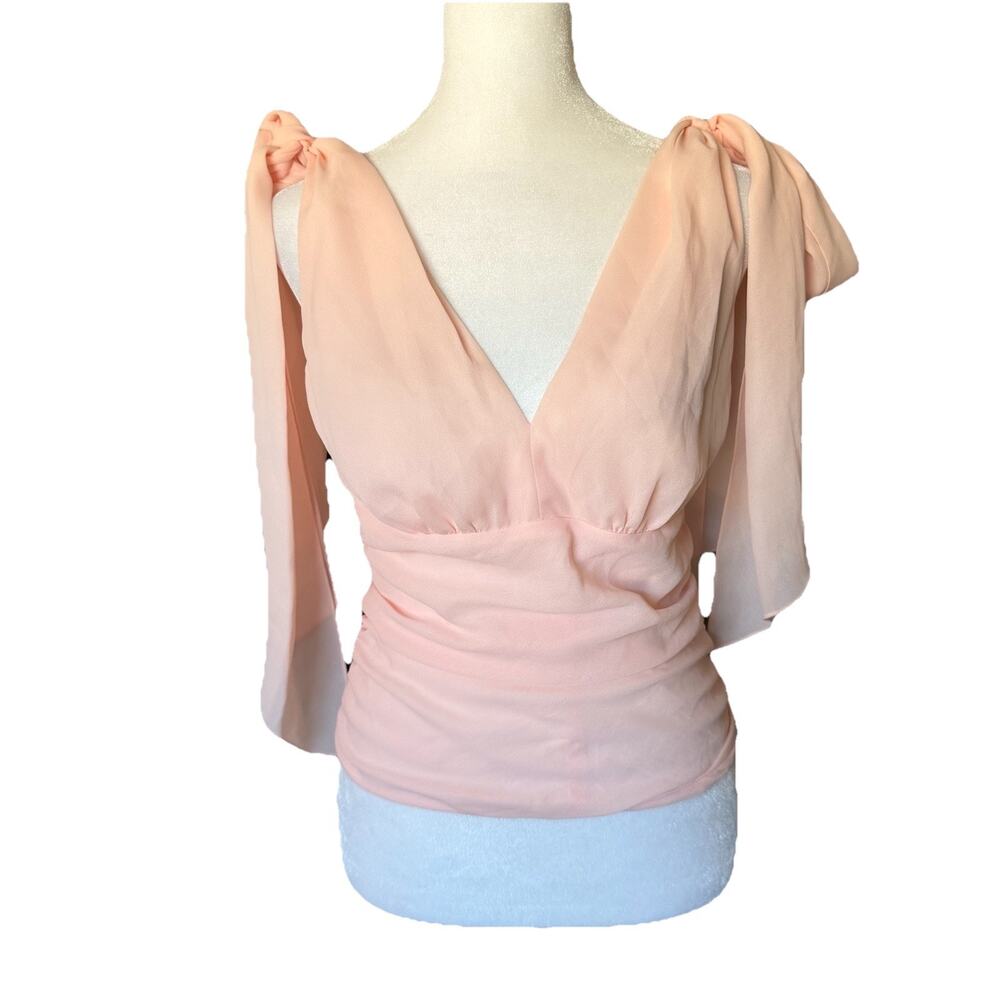 Magaschoni Womens Size 4 Blouse Light Pink Vneck Ruched Tie Shoulder Top Elegant